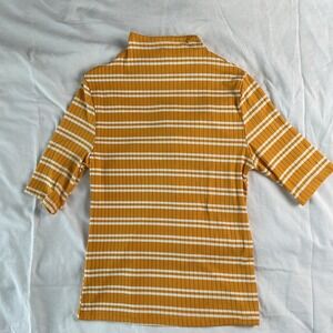 Ardene Super Soft Striped Mock Neck Top Short Sleeve Mustard Yellow Rib-Knit Tee